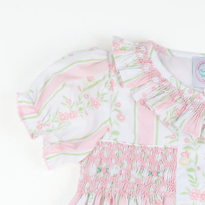 Smocked Ruffle Neck Dress- Pink Floral Vines - Southern Smocked Co.