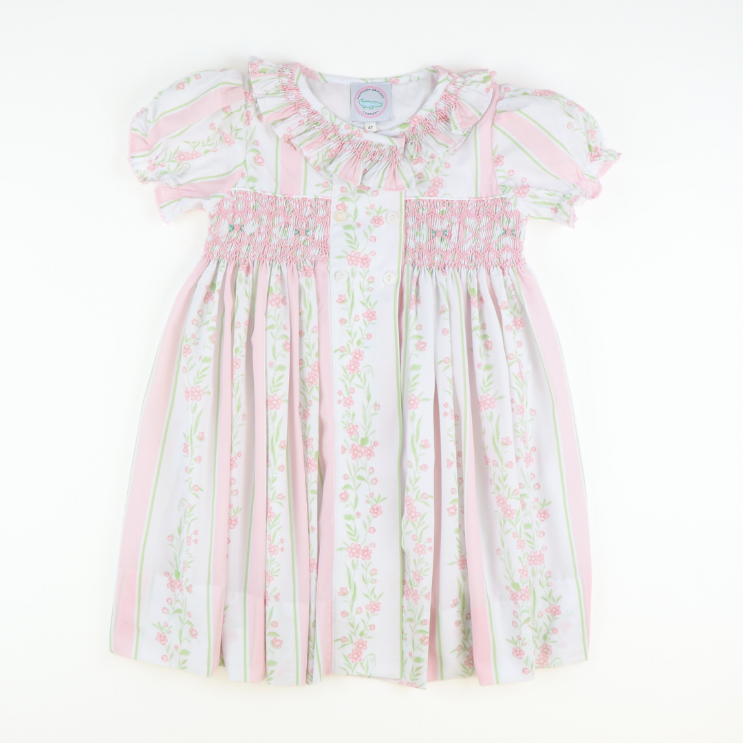 Smocked Ruffle Neck Dress- Pink Floral Vines - Southern Smocked Co.