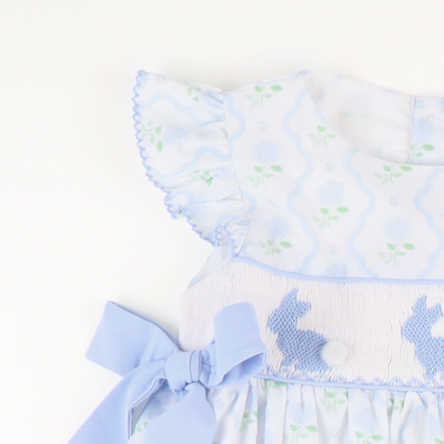 Smocked Blue Bunnies Dress- Hydrangea Blooms - Southern Smocked Co.