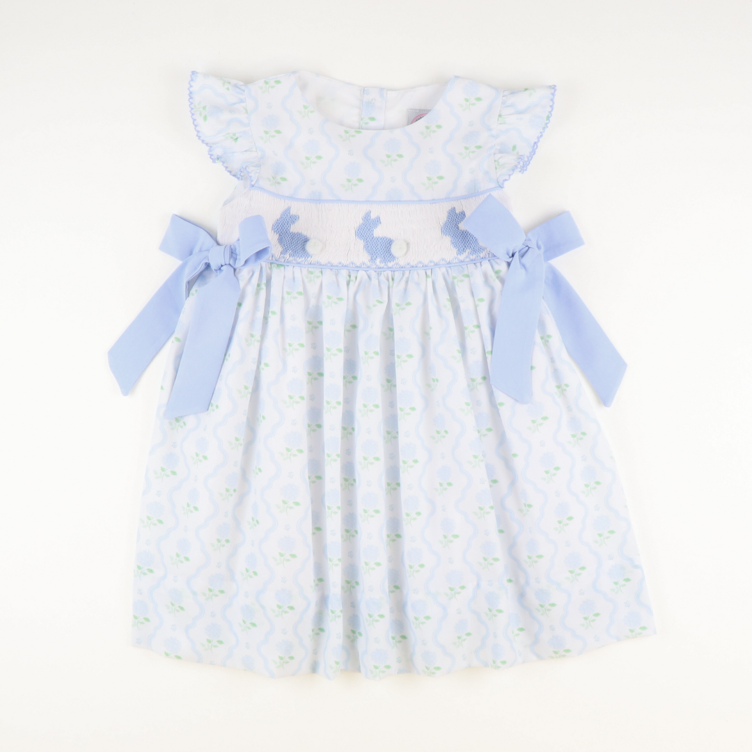 Smocked Blue Bunnies Dress- Hydrangea Blooms - Southern Smocked Co.