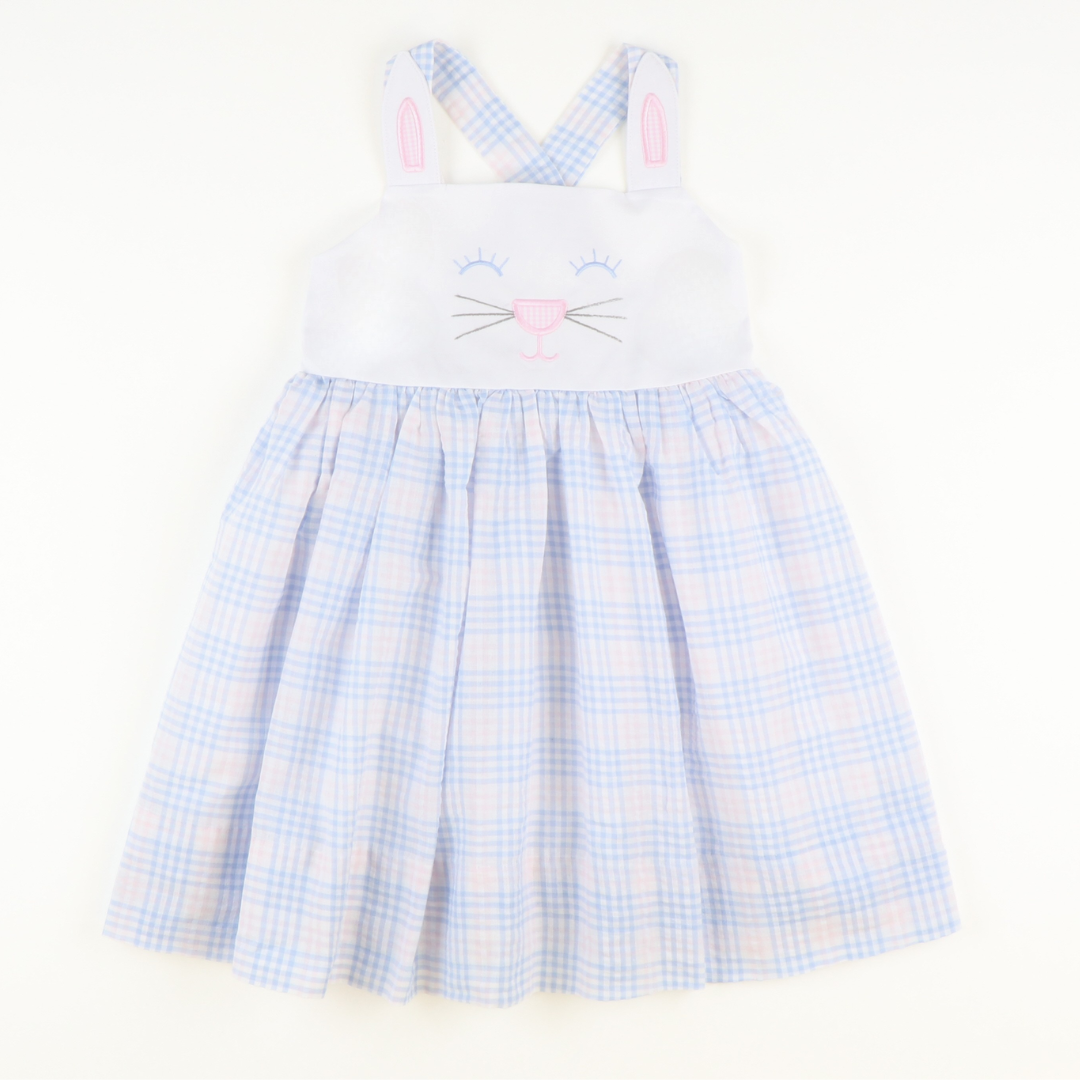 Bunny Face Dress - Blue & Pink Plaid Seersucker - Southern Smocked Co.