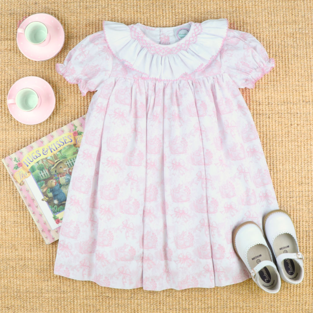 smocked ruffle dress Smocked Ruffle Neck Dress- Pink Bunny Toile
