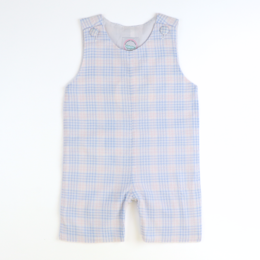 Sunday Brunch Shortall - Blue & Pink Plaid Seersucker - Southern Smocked Co.