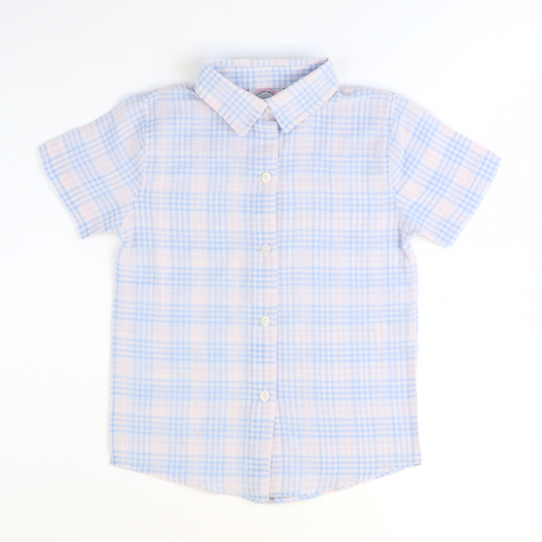 Signature Button Down Shirt - Blue & Pink Plaid Seersucker - Southern Smocked Co.