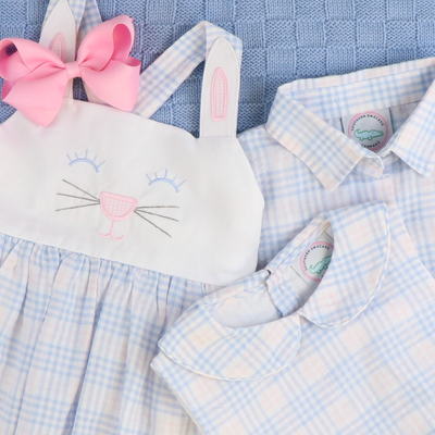 Signature Button Down Shirt - Blue & Pink Plaid Seersucker - Southern Smocked Co.