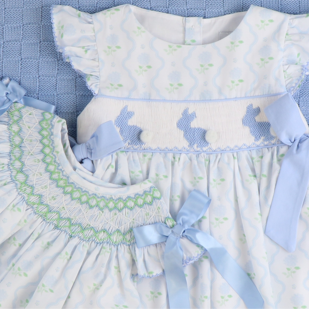 Smocked Blue Bunnies Dress- Hydrangea Blooms