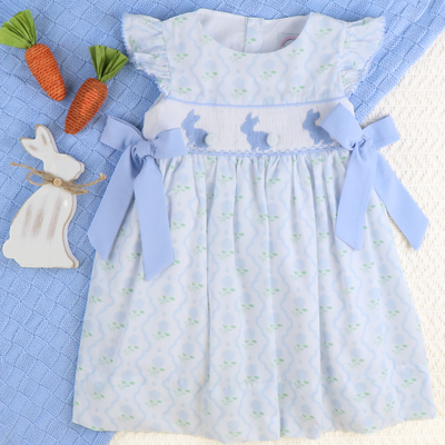 Smocked Blue Bunnies Dress- Hydrangea Blooms - Southern Smocked Co.