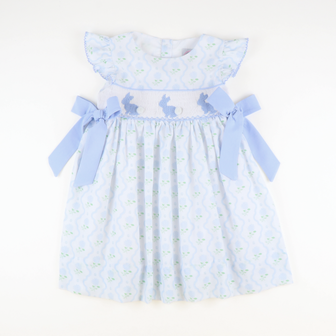 Smocked Blue Bunnies Dress- Hydrangea Blooms Smocked Blue Bunnies Dress- Hydrangea Blooms