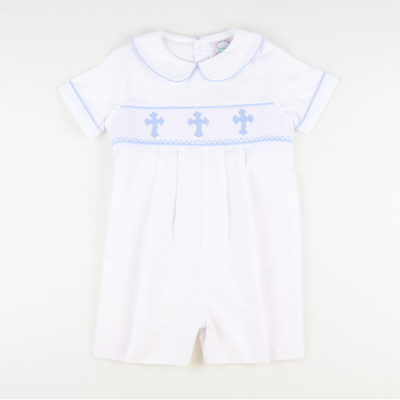 Smocked Cross Boy Collared Romper - White - Southern Smocked Co.