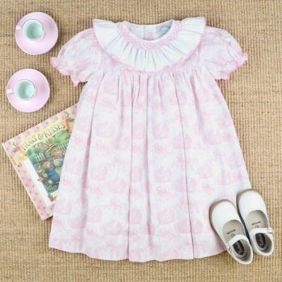Smocked Ruffle Neck Dress- Pink Bunny Toile - Southern Smocked Co.