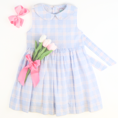 Sunday Brunch Dress - Blue & Pink Plaid Seersucker - Southern Smocked Co.