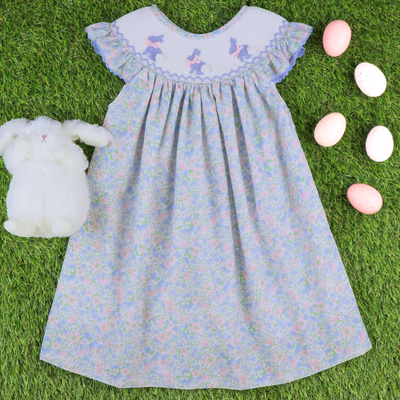 Smocked Blue Silhouette Bunnies Bishop- Floral - Southern Smocked Co.