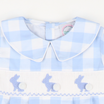 Smocked Blue Silhouette Bunnies Boy Collared Bubble - Light Blue Wide Check - Southern Smocked Co.
