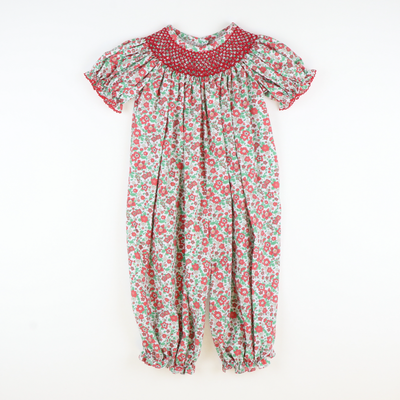 Smocked Christmas Floral Geo Girl Long Bubble