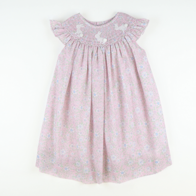 Smocked White Silhouette Bunnies Bishop- Pink Floral - Southern Smocked Co.
