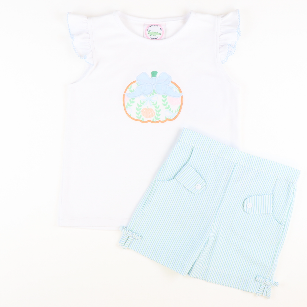 Bow Shorts - Light Blue & Mint Stripe Seersucker - Stellybelly