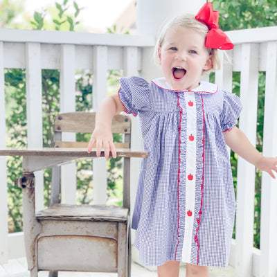 Embroidered Apples Dress - Royal Blue Gingham