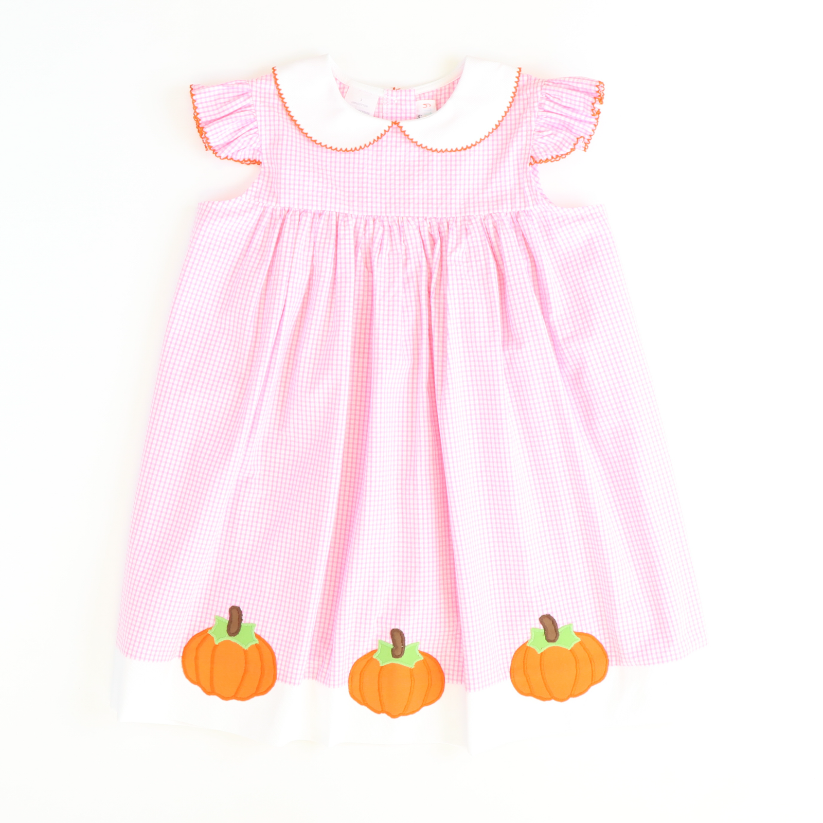 Appliquéd Pumpkins Collared Dress - Light Pink Check Seersucker - Stellybelly
