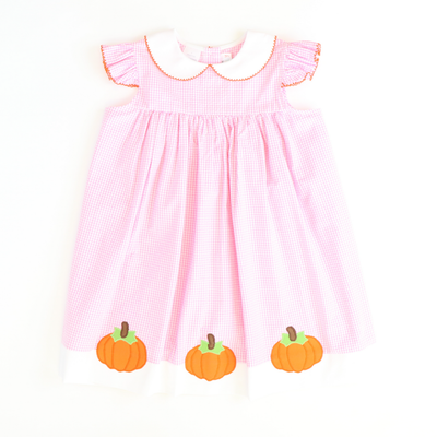 Appliquéd Pumpkins Collared Dress - Light Pink Check Seersucker - Stellybelly