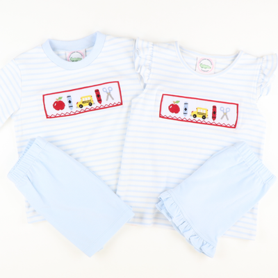 Smocked Back To School Knit Shirt & Shorts Set - Light Blue Micro Stripe & Light Blue Knit