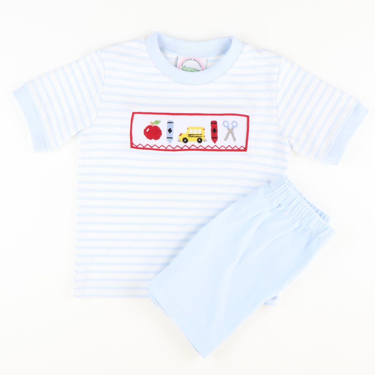 Smocked Back To School Knit Shirt & Shorts Set - Light Blue Micro Stripe & Light Blue Knit