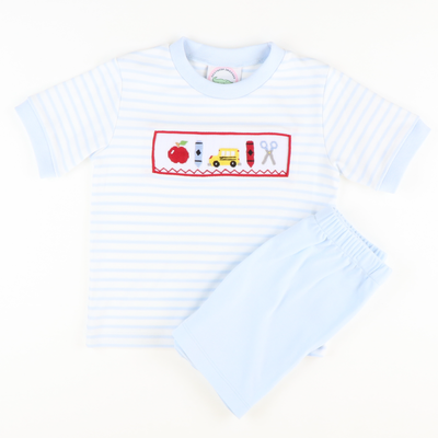 Smocked Back To School Knit Shirt & Shorts Set - Light Blue Micro Stripe & Light Blue Knit