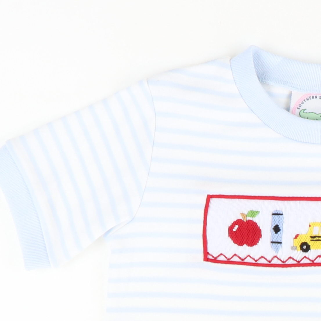 Smocked Back To School Knit Shirt & Shorts Set - Light Blue Micro Stripe & Light Blue Knit