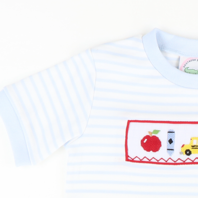 Smocked Back To School Knit Shirt & Shorts Set - Light Blue Micro Stripe & Light Blue Knit