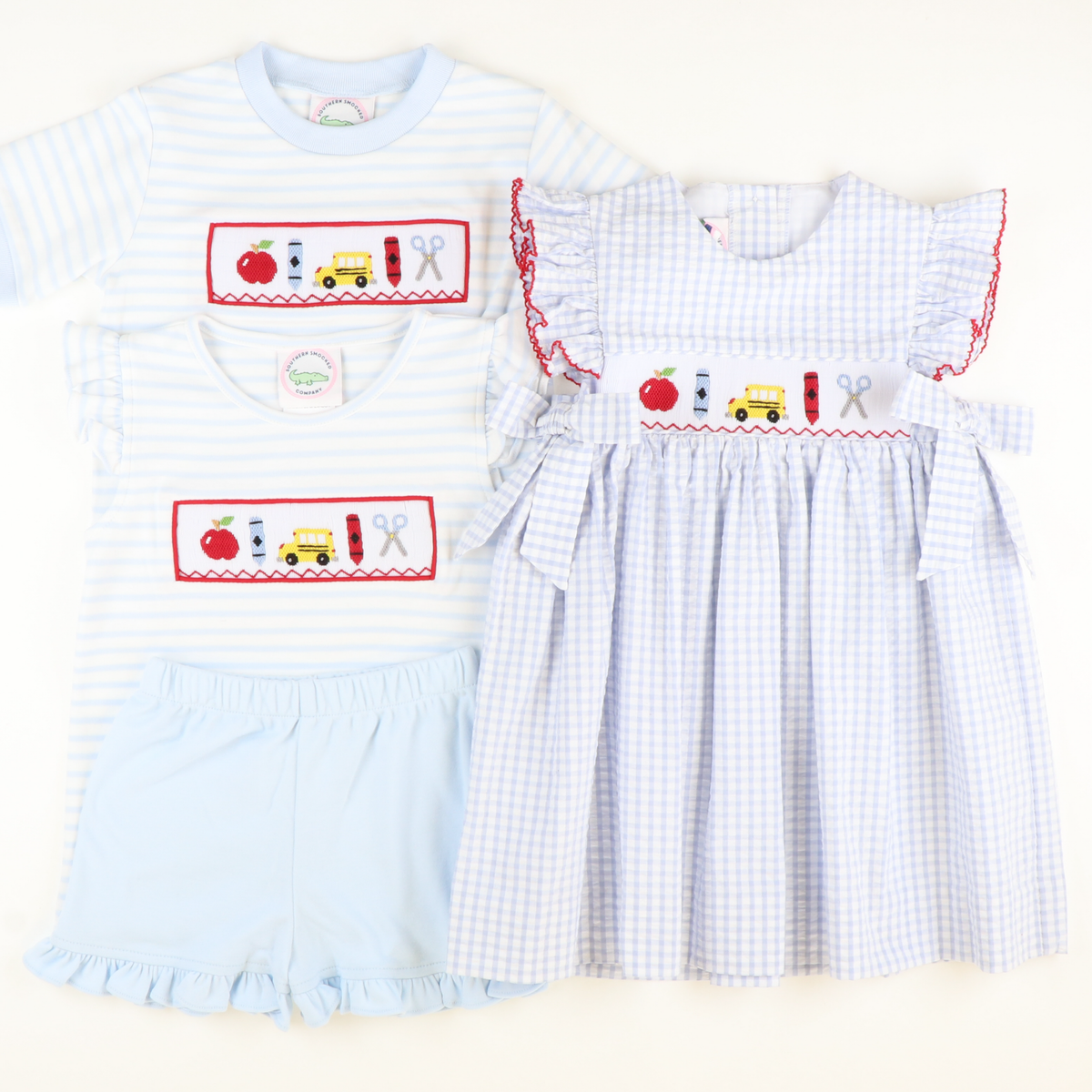 Smocked Back To School  Knit Top & Ruffle Shorts Set - Light Blue Micro Stripe & Light Blue Knit