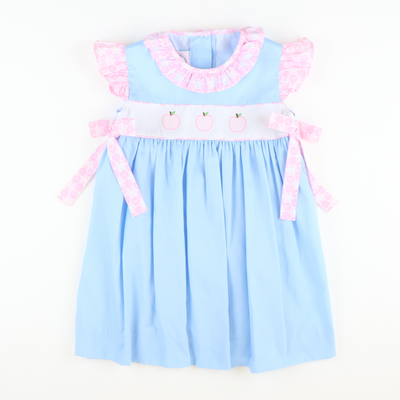 Embroidered Pink Apples Ruffle Dress - Light Blue Pique
