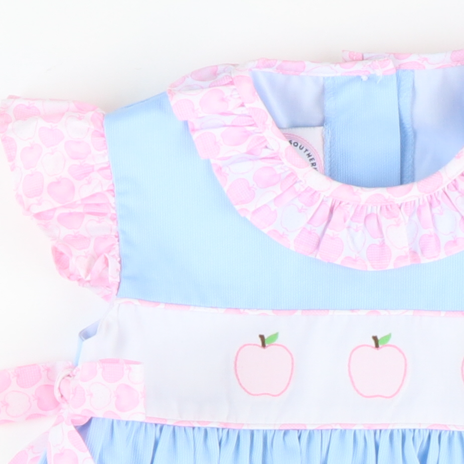 Embroidered Pink Apples Ruffle Dress - Light Blue Pique