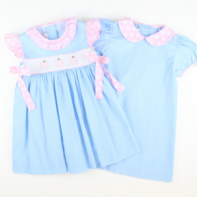 Embroidered Pink Apples Ruffle Dress - Light Blue Pique