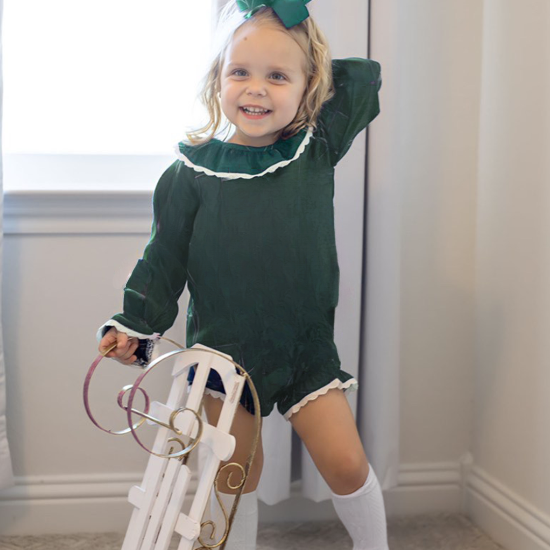 Dark Green & Cream Linen Top & Bloomer Set