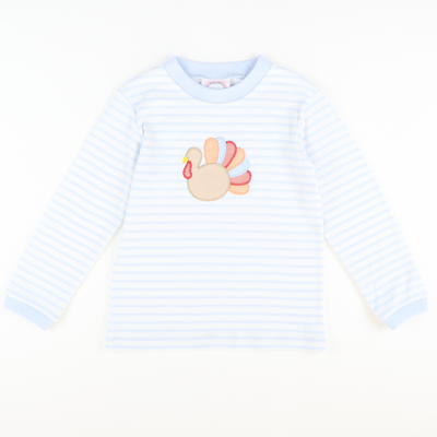 Appliquéd Turkey Long Sleeve Shirt - Light Blue Stripe Knit