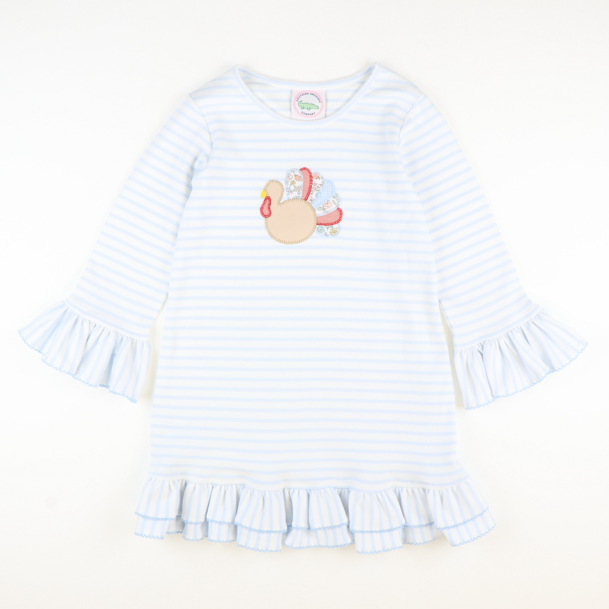 Appliquéd Turkey Knit Ruffle Dress - Light Blue Stripe