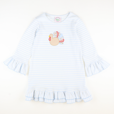 Appliquéd Turkey Knit Ruffle Dress - Light Blue Stripe