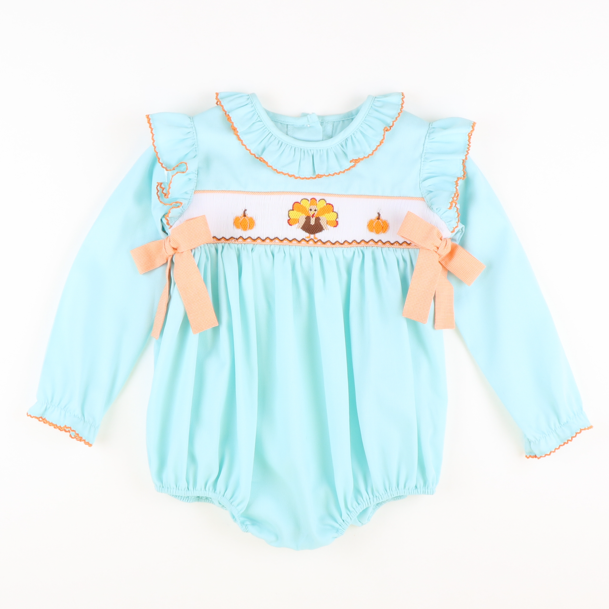 Smocked Turkeys & Pumpkins Ruffle Girl Bubble - Mint Pique