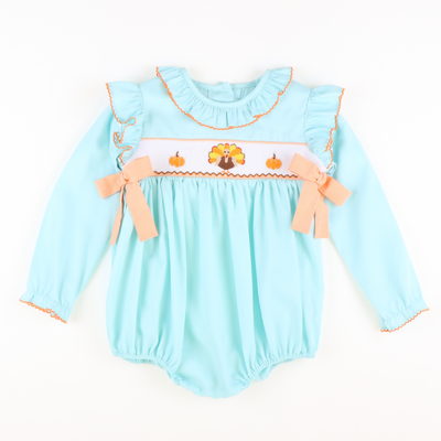 Smocked Turkeys & Pumpkins Ruffle Girl Bubble - Mint Pique