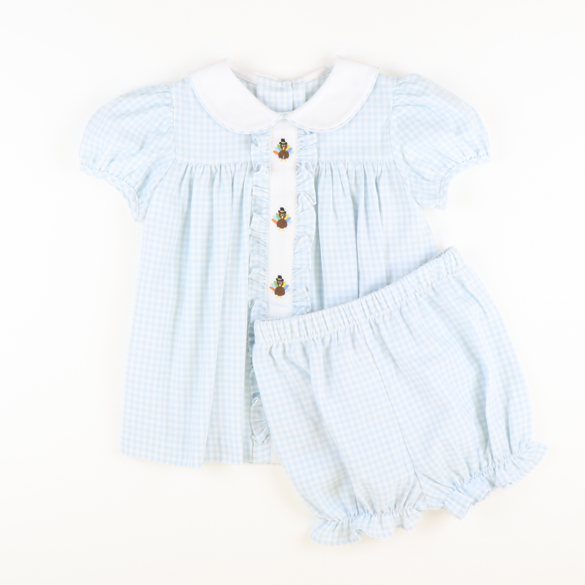 Embroidered Turkeys Collared Top & Bloomer Set - Light Blue Flannel Gingham