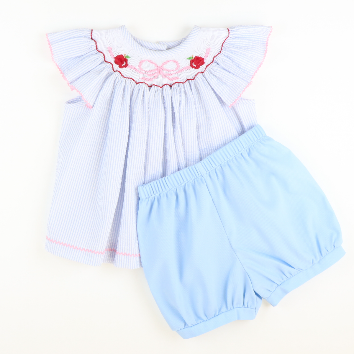 Smocked Apples & Bow Top & Bloomer Set - Light Blue Stripe Seersucker