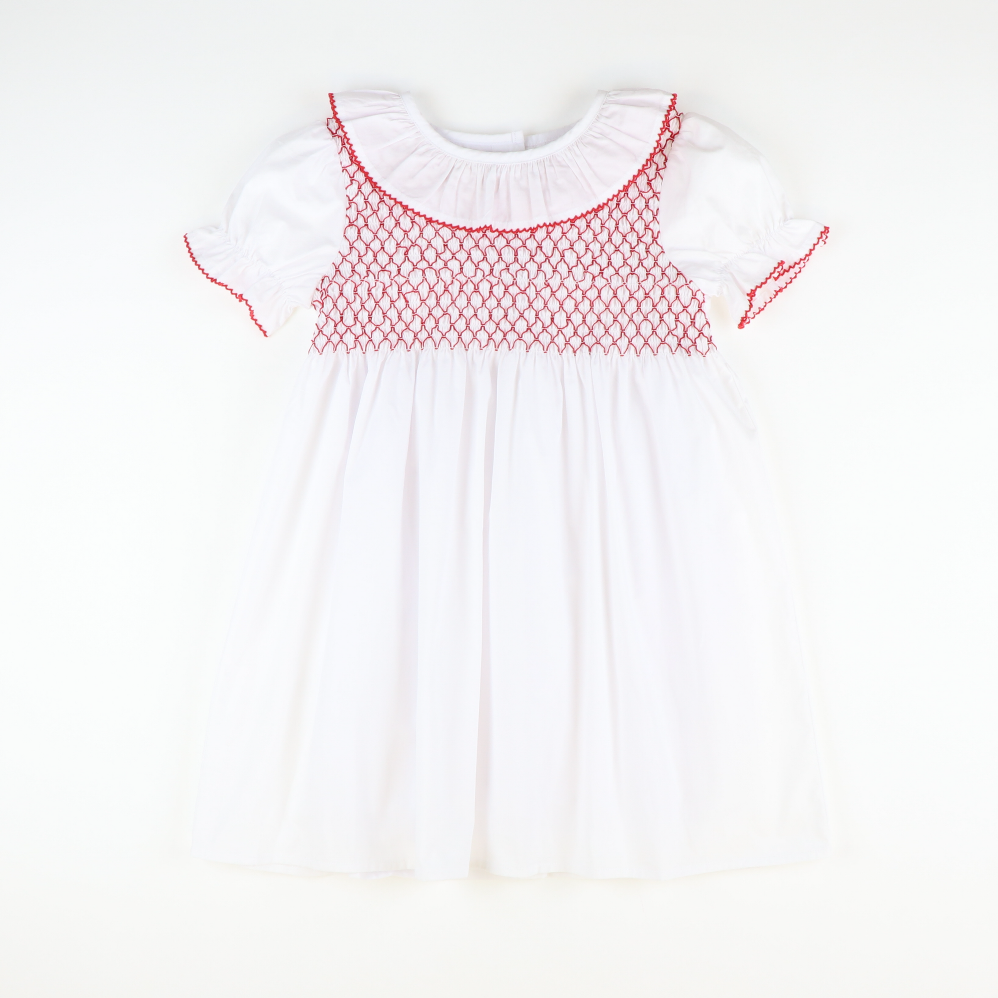 Smocked Ruffle Dress - White & Holiday Red