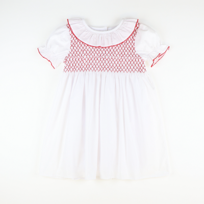 Smocked Ruffle Dress - White & Holiday Red
