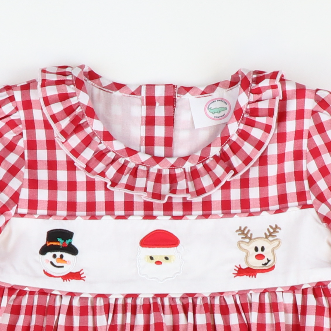 Embroidered Christmas Friends Dress- Holiday Red Check Embroidered Christmas Friends Dress- Holiday Red Check