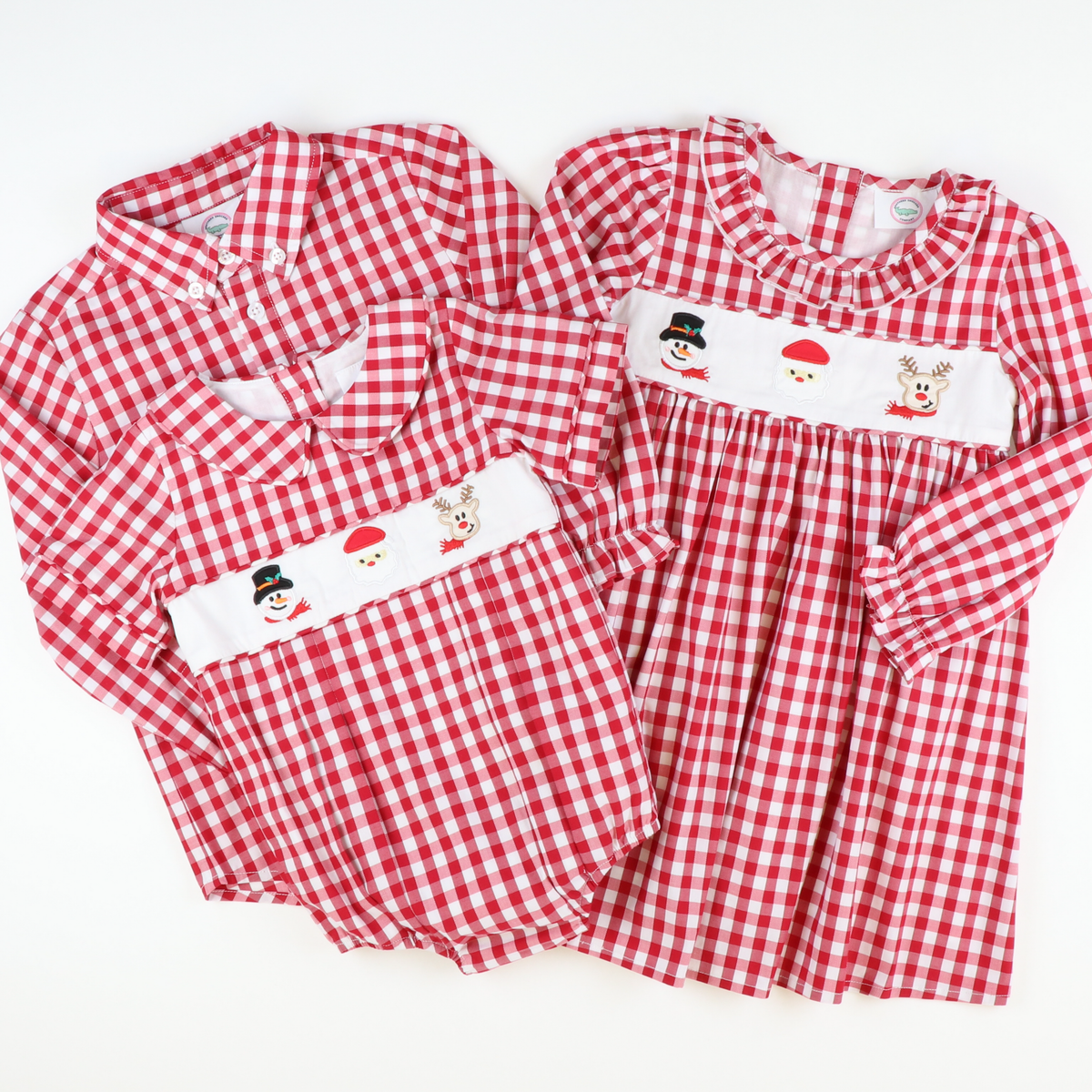 Embroidered Christmas Friends Collared Boy Bubble- Holiday Red Check
