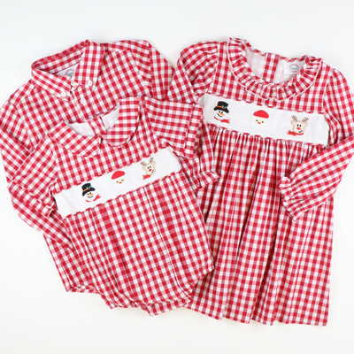 Embroidered Christmas Friends Collared Boy Bubble- Holiday Red Check