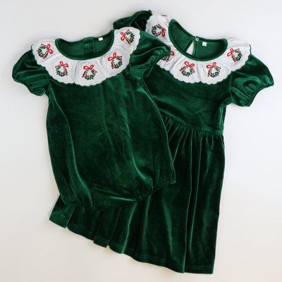 Embroidered Wreath Emerald Velvet Dress - Stellybelly