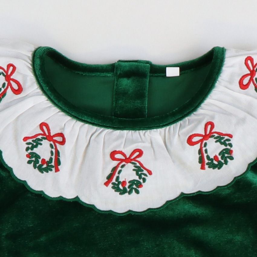 Embroidered Wreath Emerald Velvet Dress - Stellybelly