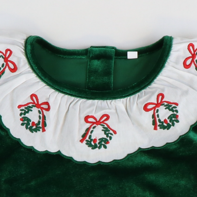 Embroidered Wreath Emerald Velvet Dress - Stellybelly