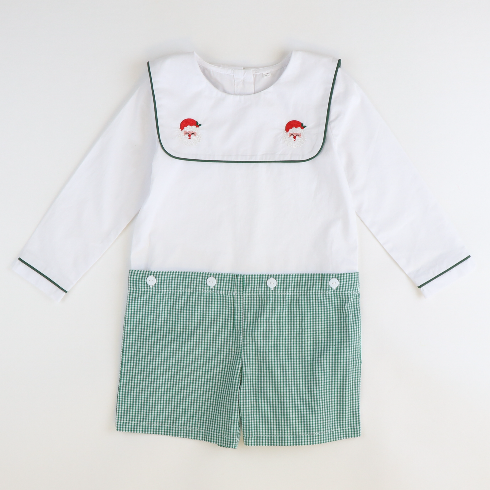 Embroidered Santa Short Set - Christmas Green Mini Gingham - Stellybelly