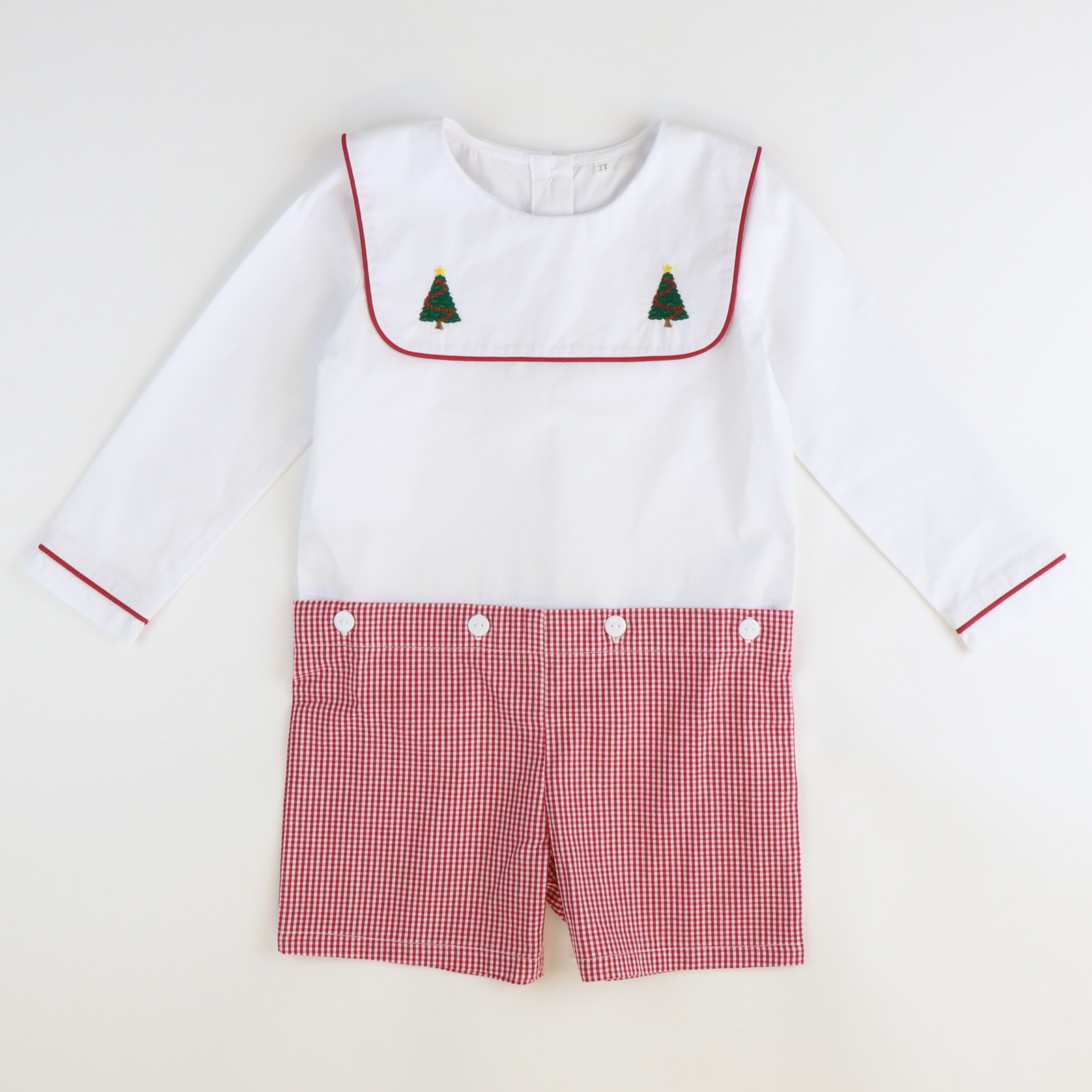 Embroidered Christmas Trees Short Set - Holiday Red Mini Gingham